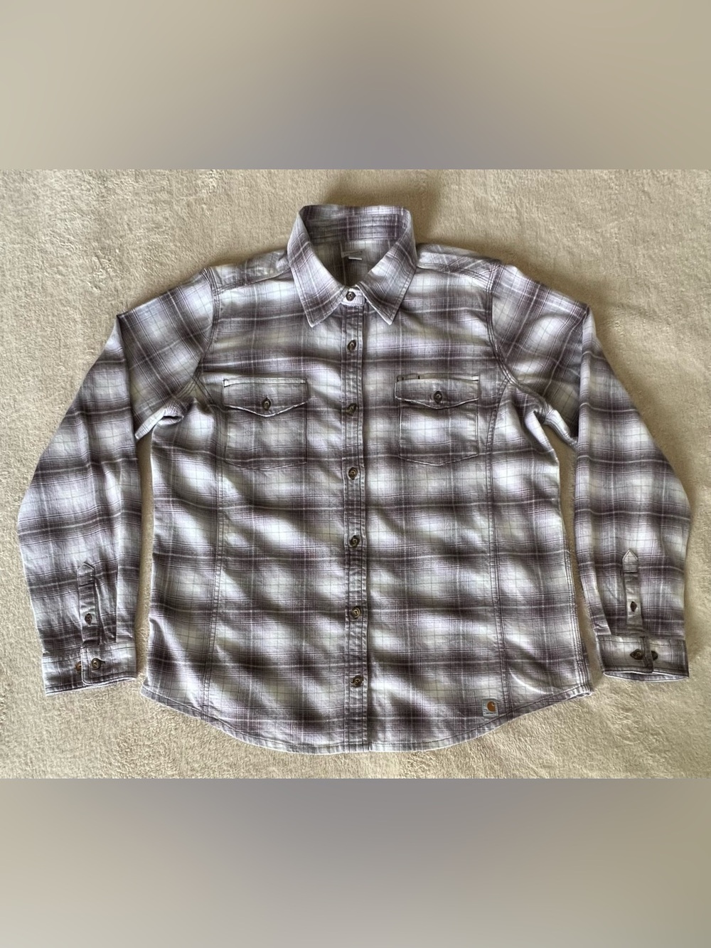 Carhartt Women’s Plaid Button-Down Long Sleeve Shirt in Gray and Brown